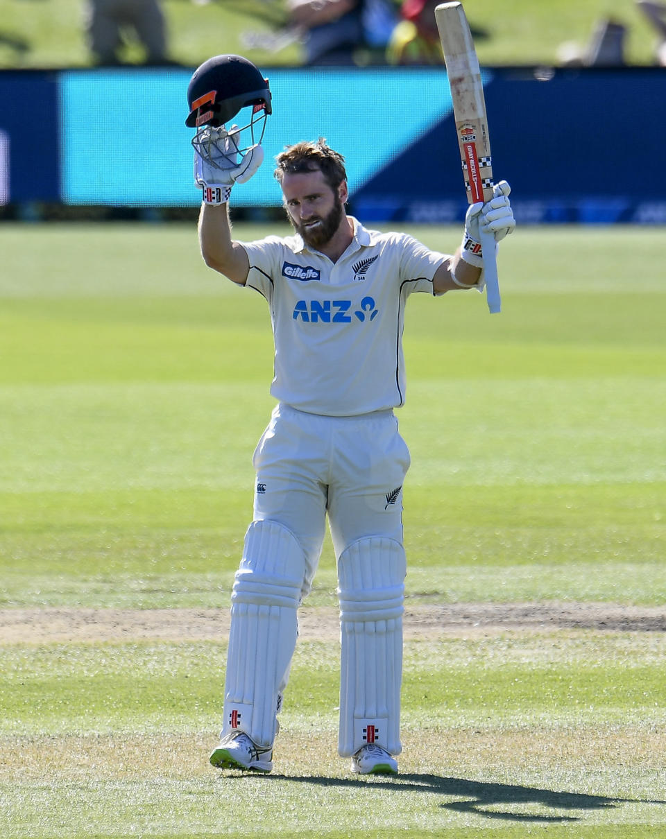 New Zealand captain Kane Williamson celebrates on reaching a century during play on day two of the second cricket test between Pakistan and New Zealand at Hagley Oval, Christchurch, New Zealand, Monday, Jan 4. 2021. (John Davidson/Photosport via AP)