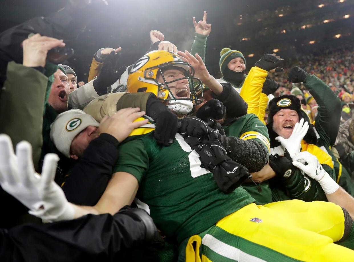 Green Bay Packers tight end Ben Sims (89). celebrates a first quarter touchdown against the Kansas City Chiefs during their football game Sunday, December 3, 2023, at Lambeau Field in Green Bay, Wis.
Wm. Glasheen USA TODAY NETWORK-Wisconsin