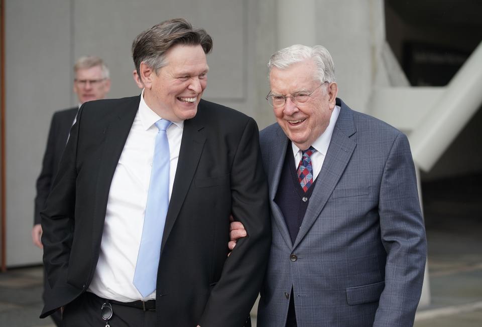 President M. Russell Ballard laughs with MSP Stephen Kerr at Scottish Parliament in Edinburgh, Scotland.