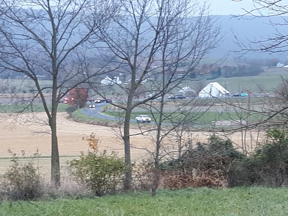 Vehicles are seen being rerouted from Misty Meadow toward Barkdoll Road on Thursday afternoon. Multiple emergency vehicles are on the scene of an incident in the area