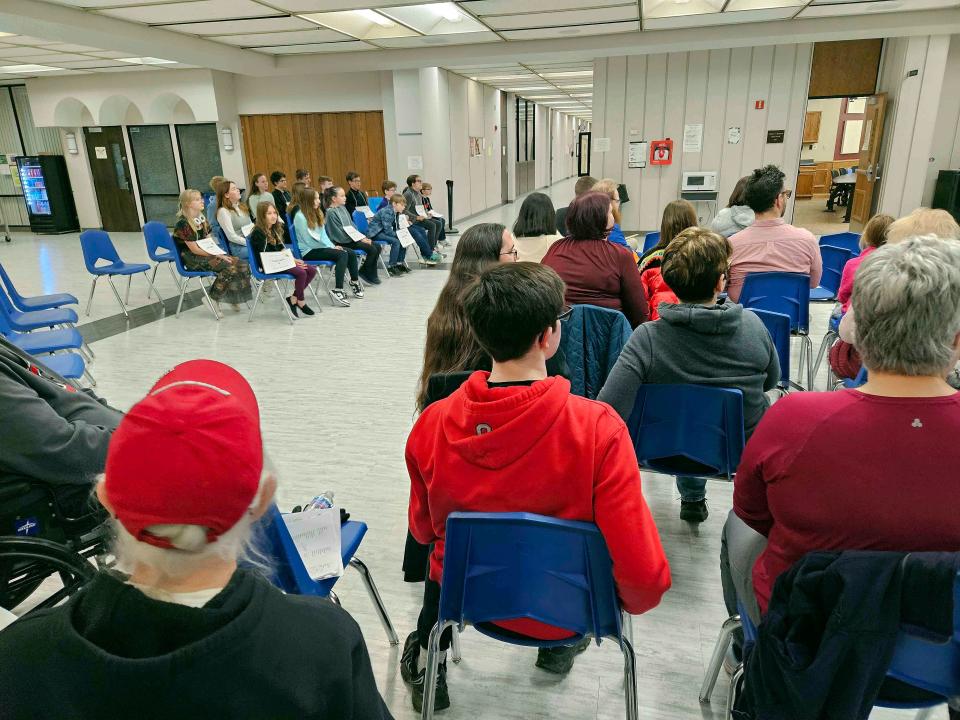 Contestants await the start of the 49th annual Ashland County Spelling Bee held at the Ashland County-West Holmes Career Center on Tuesday.