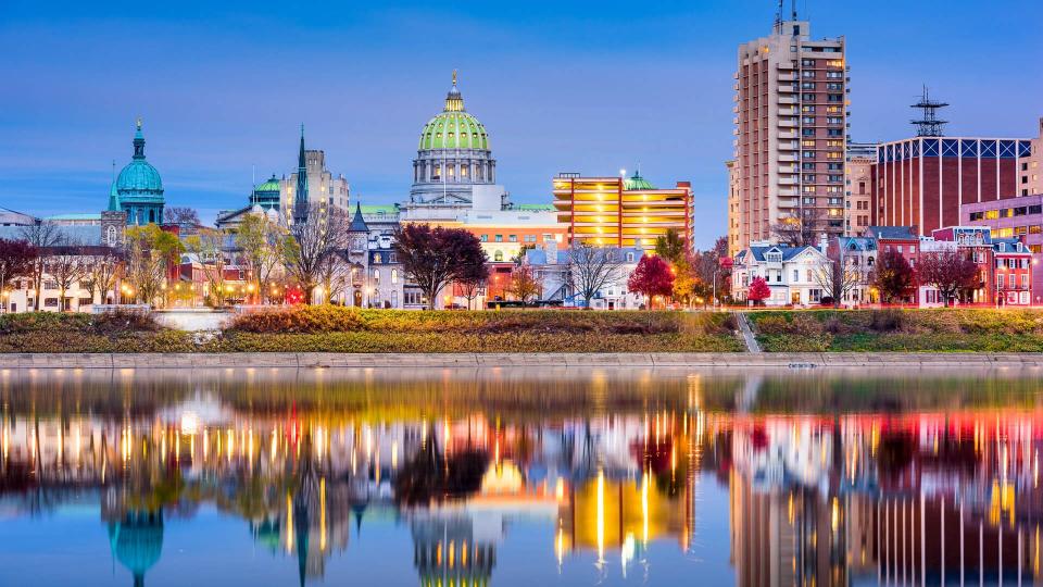 Harrisburg, Pennsylvania, USA skyline on the Susquehanna River.