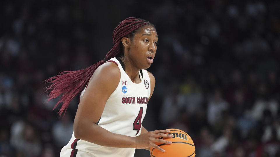 South Carolina forward Aliyah Boston dribbles the ball during the NCAA women's tournament. (AP Photo/Sean Rayford)