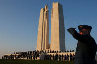 <p>Canadian soldiers attend the sunset ceremony at Vimy Canadian National Memorial, on the eve of a ceremony to commemorate the 100th anniversary of the Battle of Vimy Ridge, in Vimy, France, April 8, 2017. (Photo: Pascal Rossignol/Reuters) </p>