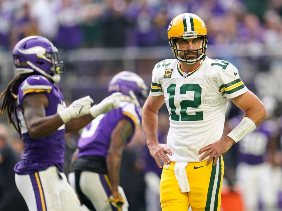 Aaron Rodgers reacts after a play against the Minnesota Vikings.