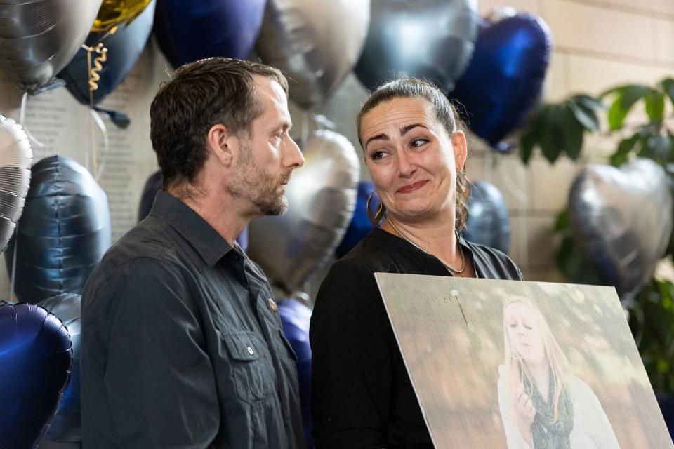 Marley Bramble, right, and Jady Tippetts share their experience as the family of an organ donor at an event held to celebrate the milestone of 600 lifesaving transplants by the Intermountain heart transplant team at the Intermountain Medical Center in Murray on Tuesday. Bramble and Tippetts lost their 22-year-old daughter in February.