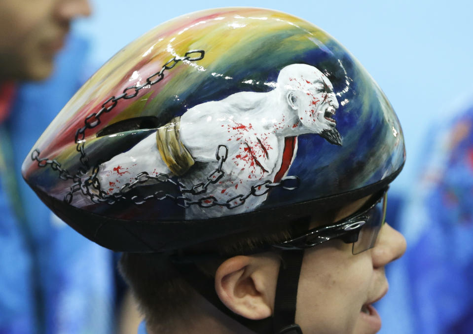 Semen Elistratov of Russia attends a short track speedskating practice session at the Iceberg Skating Palace ahead of the 2014 Winter Olympics, Thursday, Feb. 6, 2014, in Sochi, Russia. (AP Photo/Darron Cummings)