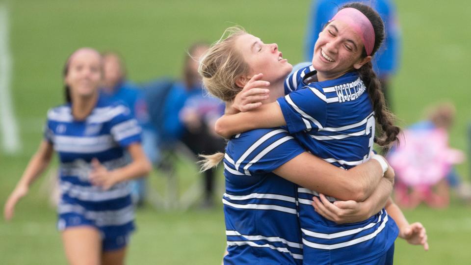 Williamstown's Angela Oliveto, right, celebrates with teammate Riley Baker after Oliveto scored a goal during the first half of the South Jersey Group 4 girls soccer playoff game between Williamstown and Millville played at Williamstown High School on Wednesday, October 26, 2022.   Williamstown defeated Millville, 5-0.  