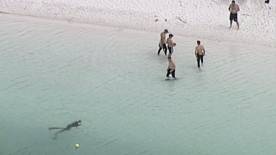 In this image made from video, police divers swim back to shore at Lake McKenzie in Queensland, New Zealand, Saturday, March 30, 2019. Two Japanese teenagers was found dead in the lake on Saturday morning after being reported missing from a school tour. (Australian Broadcasting Corporation via AP)