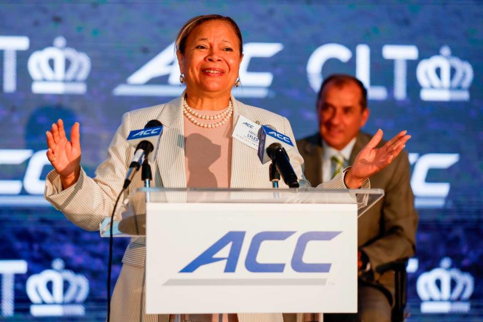 Charlotte MayorVi Lyles speaks as the Atlantic Coast Conference officially opens their new headquarters in Charlotte, N.C., on Tuesday, Aug. 29, 2023. (Photo by Nell Redmond/ACC)