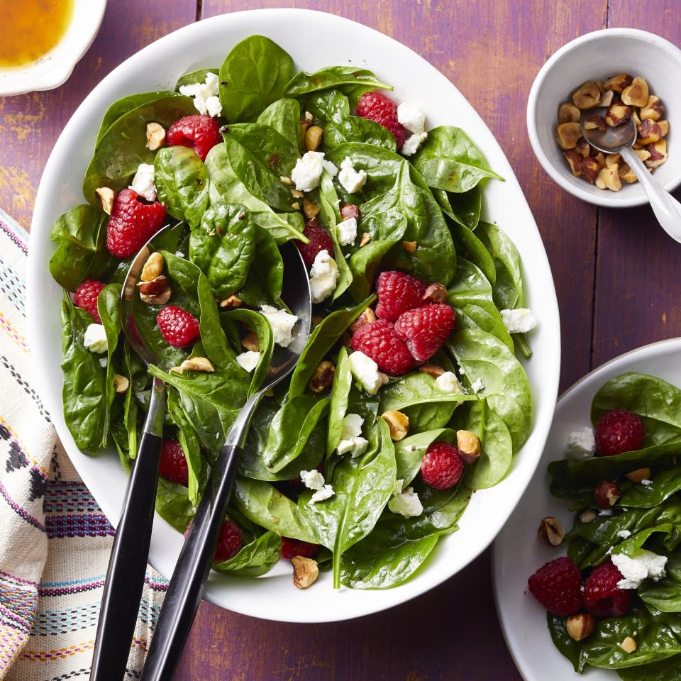 Spinach Salad with Raspberries, Goat Cheese & Hazelnuts