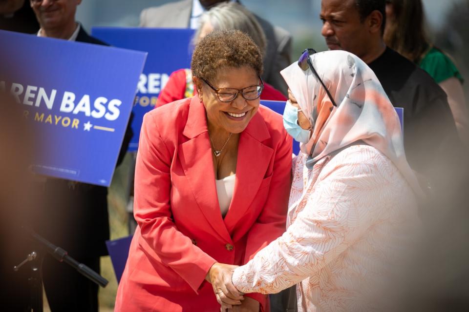 Rep. Karen Bass, a candidate for Los Angeles mayor, speaks to supporters at Angel's Point in Elysian Park.