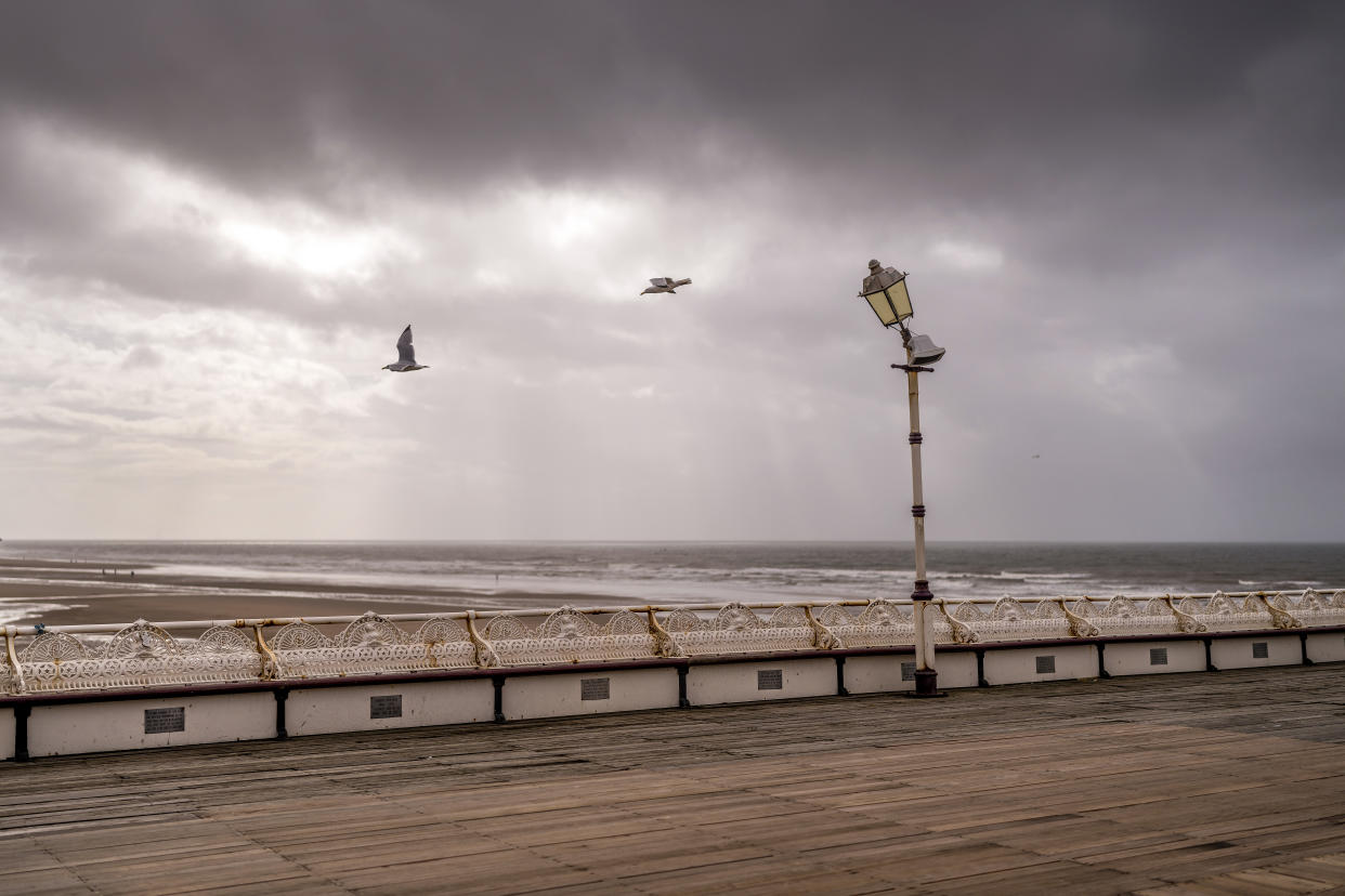 BLACKPOOL, UNITED KINGDOM - APRIL 05: Heavy clouds coming from the west over Blackpool's North Pier mark the approach of Storm Kathleen to the UK on April 05, 2024 in Blackpool, United Kingdom. (Photo by Christopher Furlong/Getty Images)