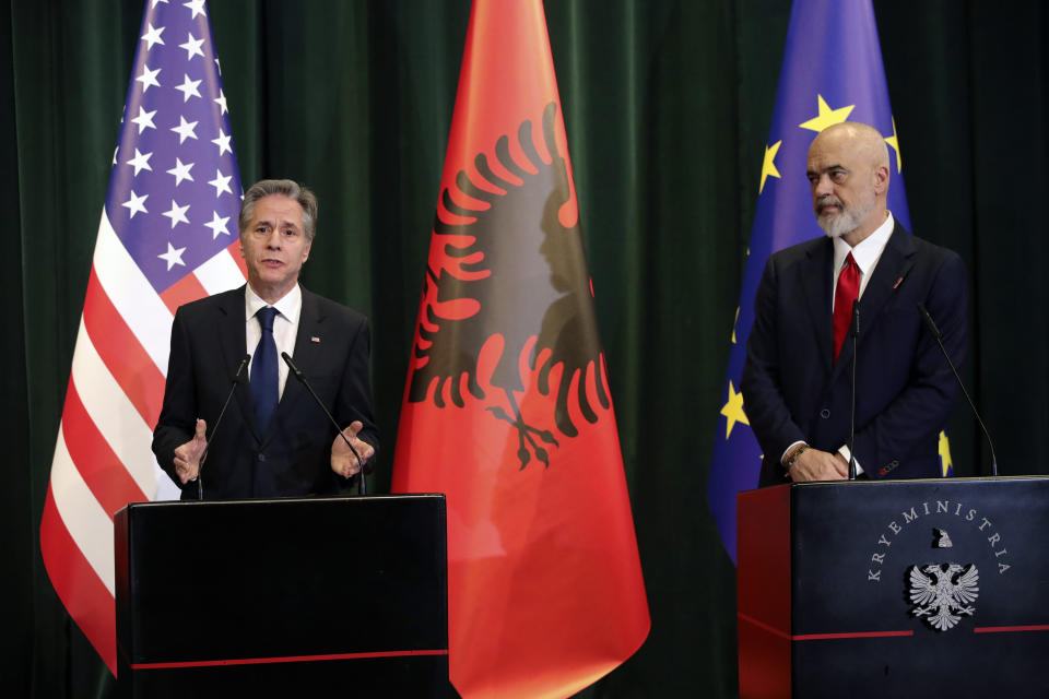 U.S. Secretary of State Antony Blinken, left, and Albania's Prime Minister Edi Rama hold a press conference in Tirana, Albania, Thursday, Feb. 15, 2024. Blinken visits Albania to reaffirm Washington's relations with a key partner in the Western Balkan region and an ally in supporting Ukraine's sovereignty and territorial integrity. (AP Photo/Armando Babani, Pool)