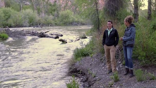 PHOTO: Cassi Wood, the project manager for Trout Unlimited, speaks to ABC News' Ginger Zee about the efforts to restore Idaho's polluted rivers. (ABC News)