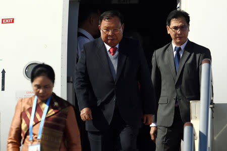 Laos President Bounnhang Vorachith arrives at Beijing airport to attend the Belt and Road Forum in Beijing, China, April 25, 2019. Greg Baker/Pool via REUTERS