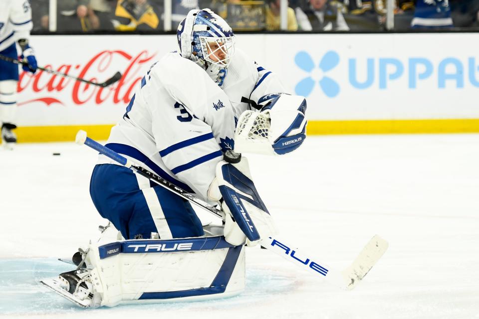 Toronto Maple Leafs goaltender Ilya Samsonov makes a save during warmups before Game 7.