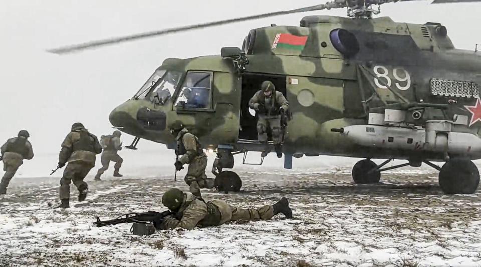 FILE - In this photo taken from video and released by the Russian Defense Ministry Press Service on Friday, Feb. 4, 2022, soldiers take part in joint drills between Belarus and Russia at Brestsky firing range in Belarus. Belarus President Alexander Lukashenko has welcomed thousands of Russian troops to his country, allowed the Kremlin to use it to launch the invasion of Ukraine on Feb. 24, 2022, and offered to station some of Moscow’s tactical nuclear weapons there. But he has avoided having Belarus take part directly in the fighting – for now. (Russian Defense Ministry Press Service via AP, File)