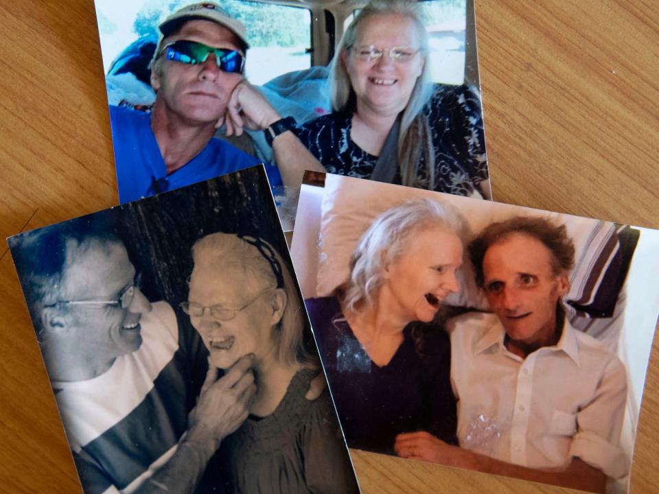 Top photograph of Ernest and Patsy Hickman in 2014 or 2015. At left is a photograph of the couple celebrating their wedding anniversary in October 2015. At right celebrating the wedding anniversary in October 2016. Ernest Hickman died at age 55 less than two months later on Dec. 5, 2016. Patsy Hickman died two years later on Sept. 19, 2018, at age 57.  The family believes their deaths were related to Ernest Hickman's work cleaning TVA's coal ash spill.