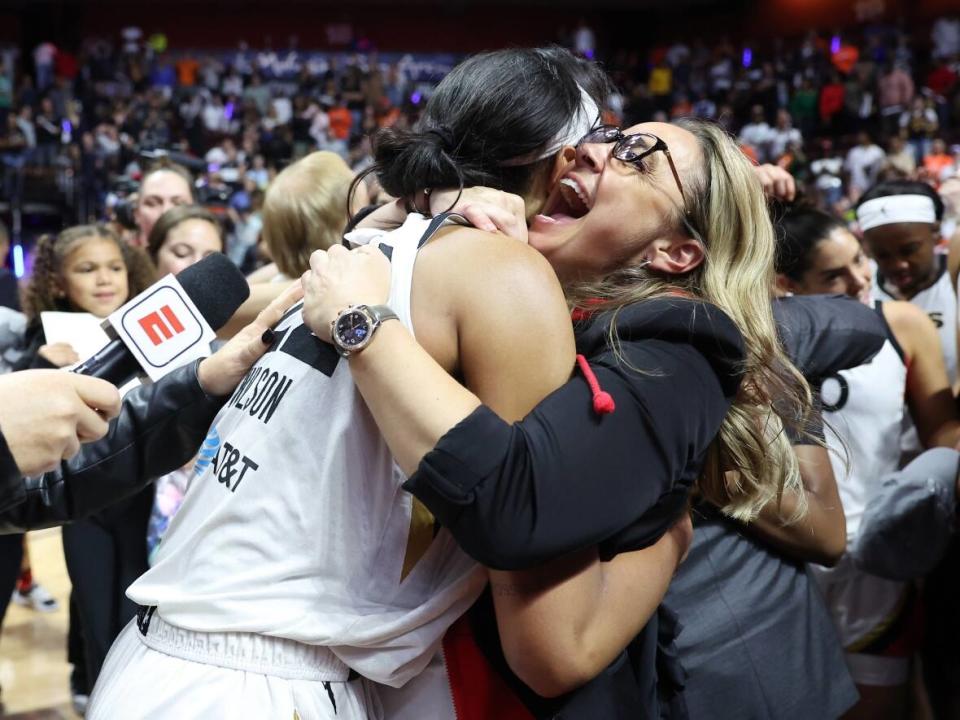 Las Vegas Aces coach Becky Hammon, right, embraces A’ja Wilson after the team captured the 2022 WNBA Finals on Sunday.  (Maddie Meyer/Getty Images - image credit)