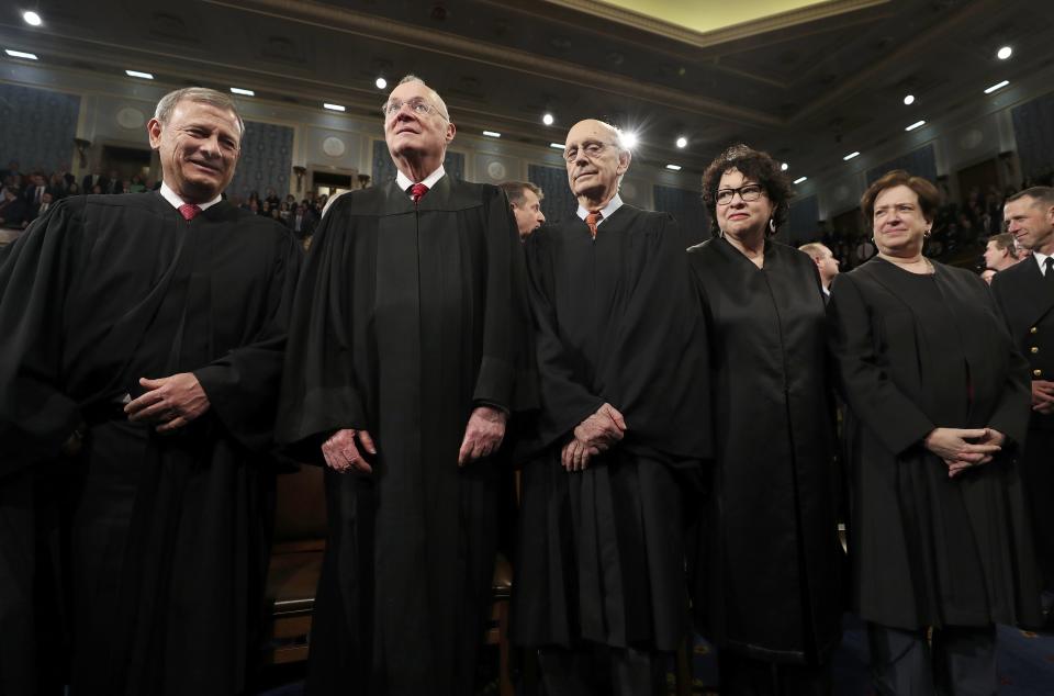 Chief Justice John Roberts (L) and Supreme Court Justices (2NL-R) Anthony Kennedy, Stephen G. Breyer, Sonia Sotomayor and Elena Kagan arrive for U.S. President Donald Trump’s first address to a joint session of Congress, February 28, 2017. REUTERS/Jim Lo Scalzo/Pool