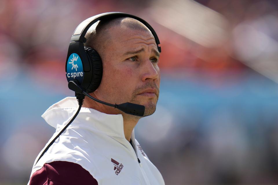 Mississippi State head coach Zach Arnett against Illinois during the first half of the ReliaQuest Bowl NCAA college football game Monday, Jan. 2, 2023, in Tampa, Fla. (AP Photo/Chris O'Meara)