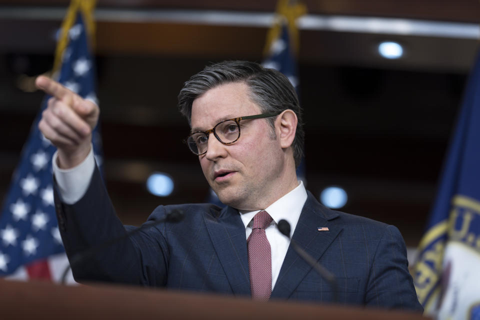 Speaker of the House Mike Johnson, R-La., and the House Republican leadership meet with reporters as lawmakers work to pass the final set of spending bills to avoid a partial government shutdown, at the Capitol in Washington, Wednesday, March 20, 2024. (AP Photo/J. Scott Applewhite)