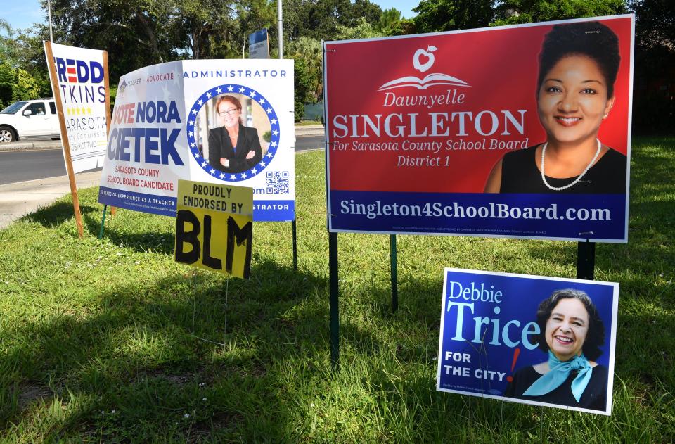 Two hand-made "Proudly endorsed by BLM" signs appeared next to campaign signs for Democratic candidates on the corner of Bahia Vista St. and Tuttle Ave. in Sarasota on Primary Election Day, Tuesday, Aug. 23, 2002. 