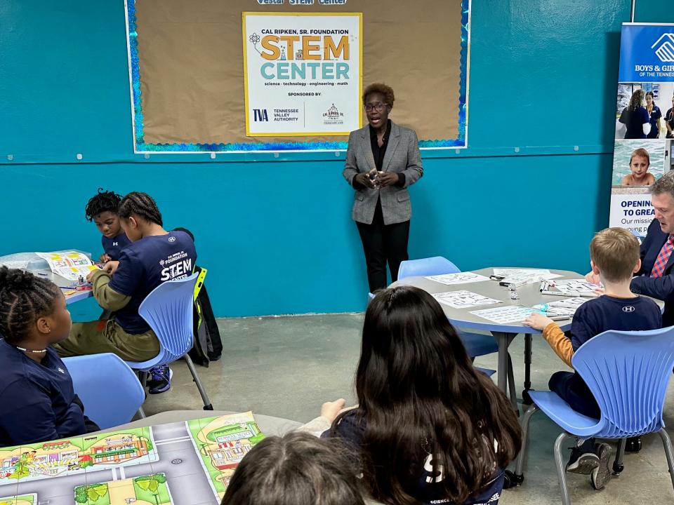 TVA Chief External Relations Officer Jeannette Mills speaks at the ribbon-cutting ceremony for the new STEM center at the South Knoxville Boys and Girls Vestal Club on Jan. 26, 2024.