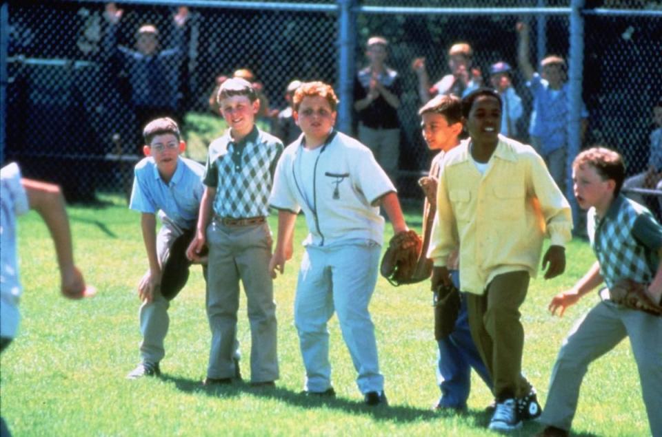 “The Sandlot” cast plays baseball on set in 1992.