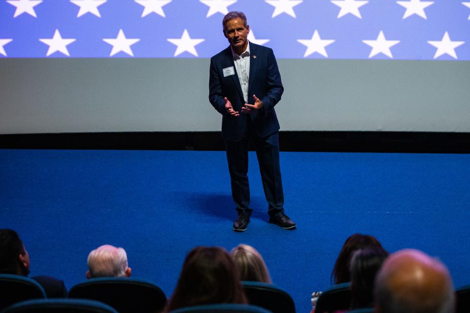 KRIS 6 News anchor Pat Simon speaks to the audience in a theater aboard the USS Lexington Museum on the Bay before the screening of the KRIS 6 documentary "Summer of ’42: The Coastal Bend Goes to War" on Thursday, Aug. 11, 2022.