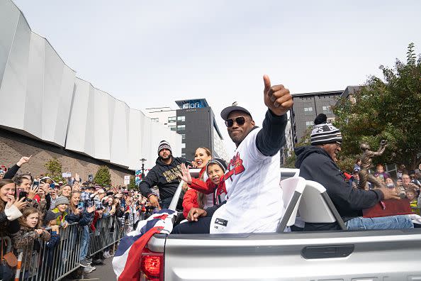 ATLANTA, GA - NOVEMBER 05: Jorge Soler gives a thumbs up while fans cheer for the Atlanta Braves during the World Series Parade at Truist Park on November 5, 2021 in Atlanta, Georgia. The Atlanta Braves won the World Series in six games against the Houston Astros winning their first championship since 1995. (Photo by Megan Varner/Getty Images)