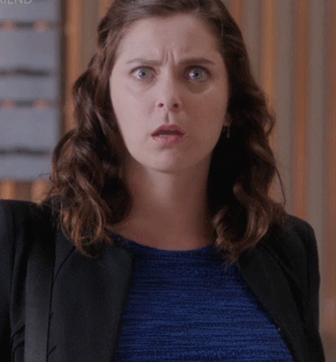 shocked Rachel Bloom as Rebecca Bunch