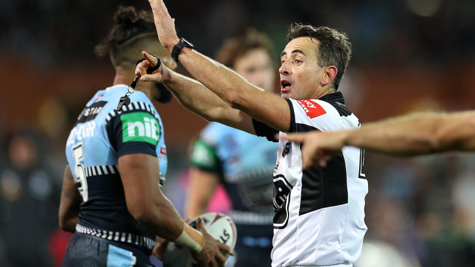 Gerard Sutton, pictured here signalling 10 minutes in the sin bin for Felise Kaufusi.