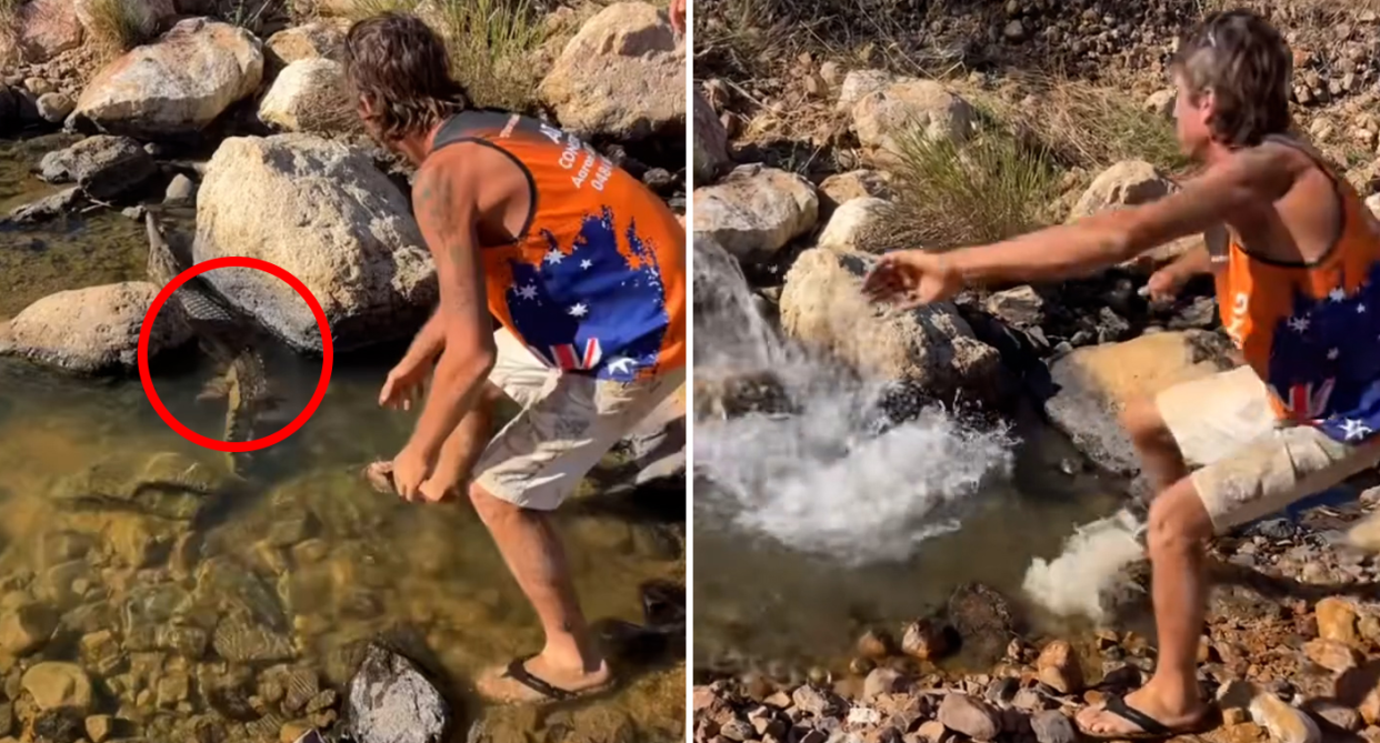 Video of a man repeatedly pulling a freshwater crocodile's tail has been uploaded to social media. Source: Instagram