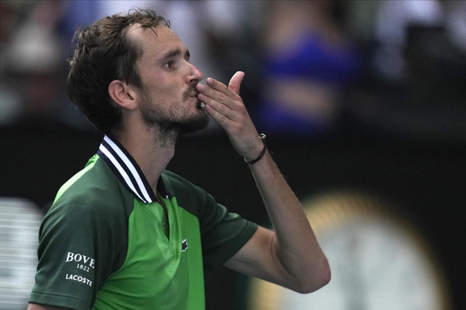 Daniil Medvedev of Russia celebrates after defeating Hubert Hurkacz of Poland during their quarterfinal match at the Australian Open tennis championships at Melbourne Park, Melbourne, Australia, Wednesday, Jan. 24, 2024. (AP Photo/Louise Delmotte)