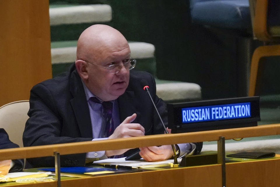 Russian Ambassador to the United Nations Vasily Nebenzya speaks during an emergency meeting of the General Assembly at United Nations headquarters, Thursday, March 24, 2022. (AP Photo/Seth Wenig)