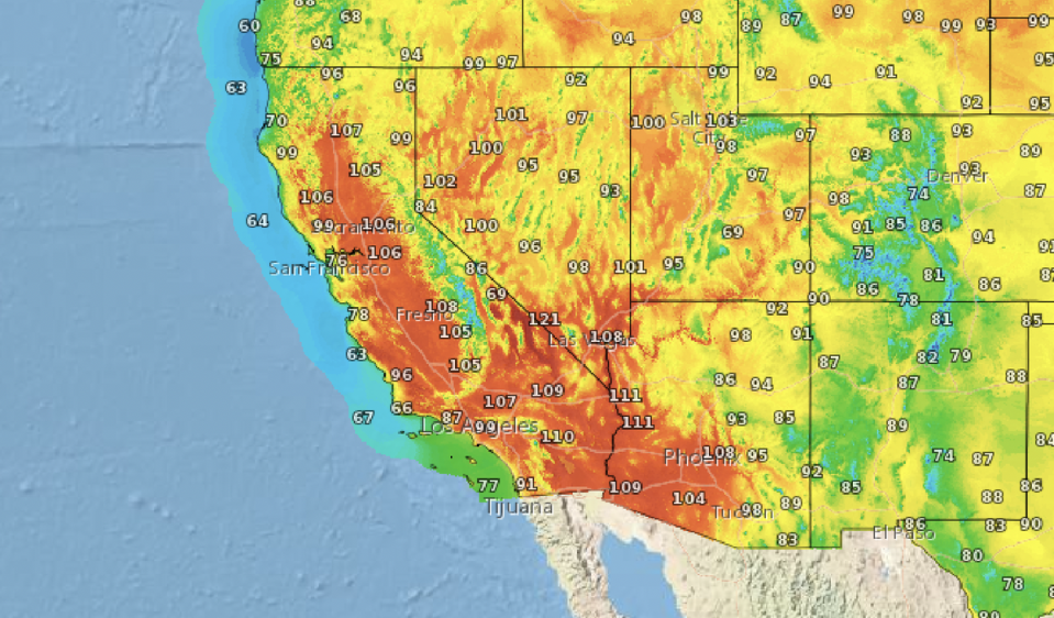 High temperatures forecast for Labor Day in California and other western states, as a major heatwave sweeps through (NWS/NOAA)