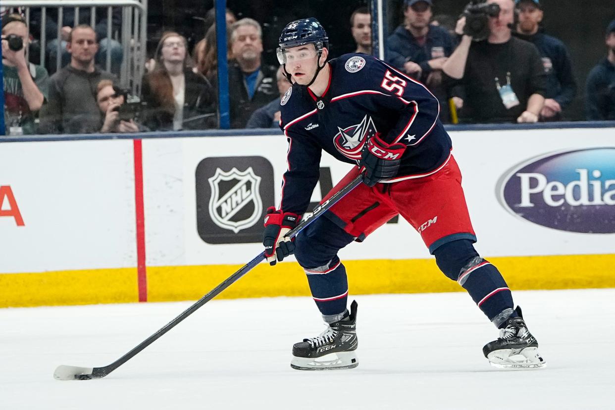 Columbus Blue Jackets defenseman David Jiricek (55) moves the puck up ice during the third period of the NHL hockey game against the New York Rangers at Nationwide Arena on April 8, 2023. The Blue Jackets lost 4-0.