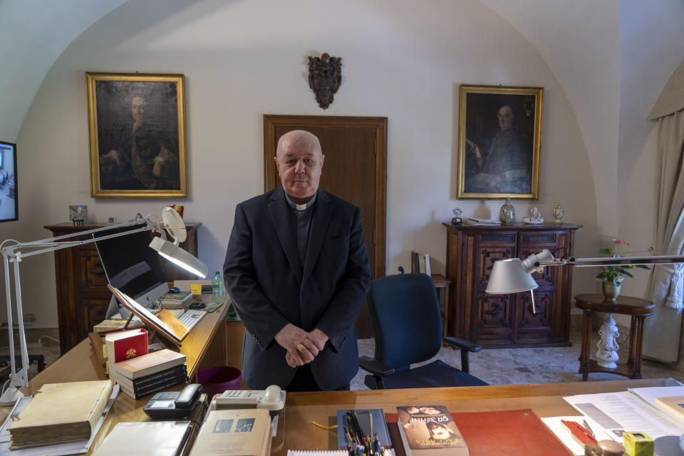 Prefect of the Archivio Apostolico Vaticano, Bishop Sergio Pagano poses in his office at The Vatican, Wednesday, Feb. 14, 2024, after an interview with The Associated Press. In a new book-length interview with Italian journalist Massimo Franco, “Secretum”, Pagano divulges some of the unknown or behind-the-scenes details of well-known sagas of the Holy See and its relations with the outside world over the past 12 centuries. From Napoleon’s sacking of the archive in 1810 to the Galileo affair and the peculiar conclave of 1922 that was financed almost entirely by donations from U.S. Catholics. (AP Photo/Domenico Stinellis)