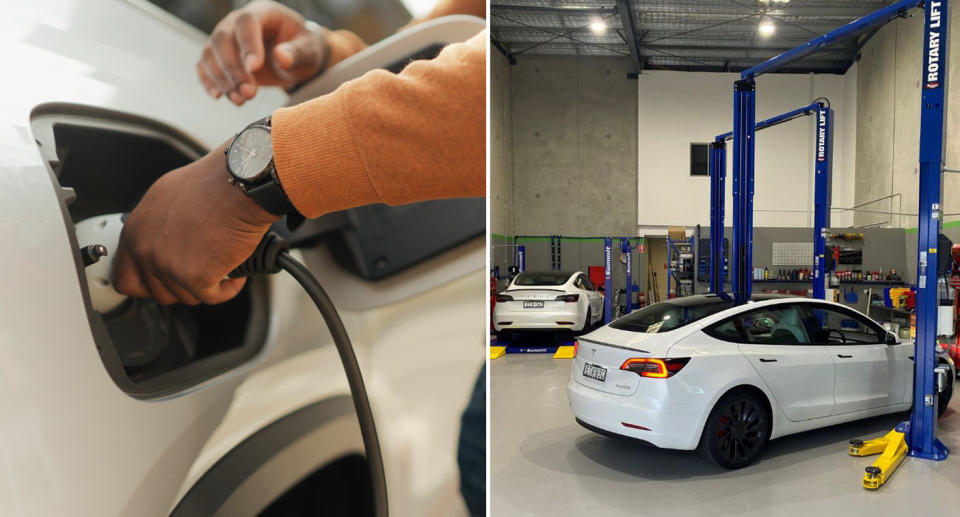 A hand plugs a charger into an EV (left) and a mechanic's workshop (right).