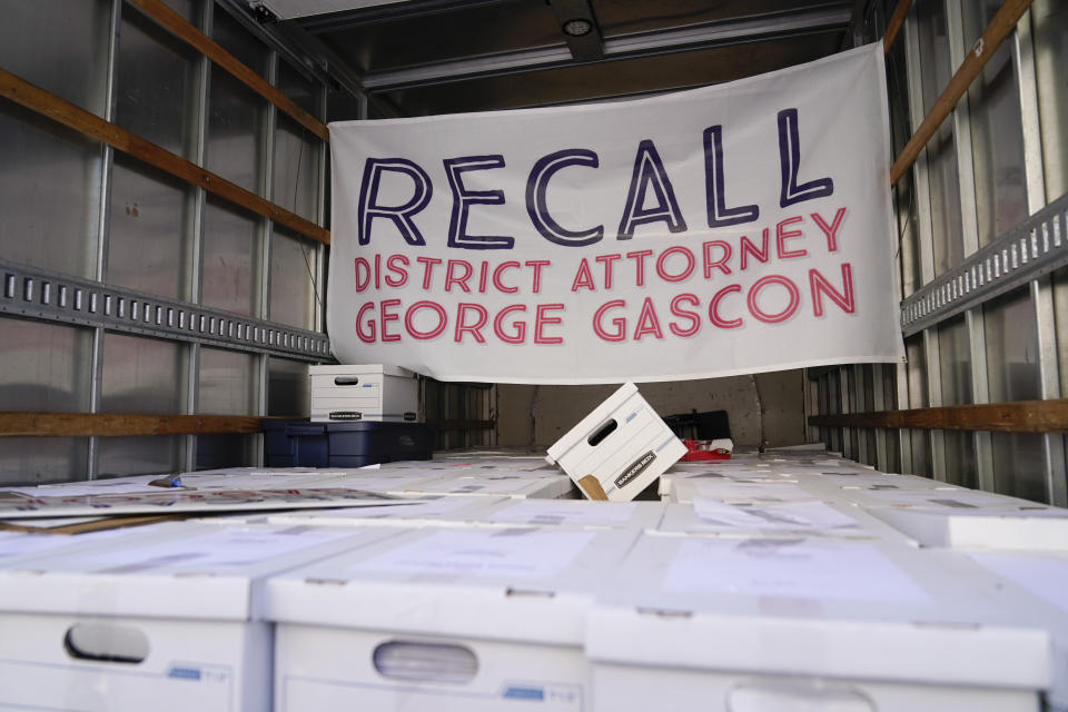 Boxes full of petitions to recall Los Angeles County District Attorney George Gascon sit in a truck outside the Los Angeles County Registrar of Voters on Wednesday, July 6, 2022, in Norwalk, Calif. (AP Photo/Ashley Landis)