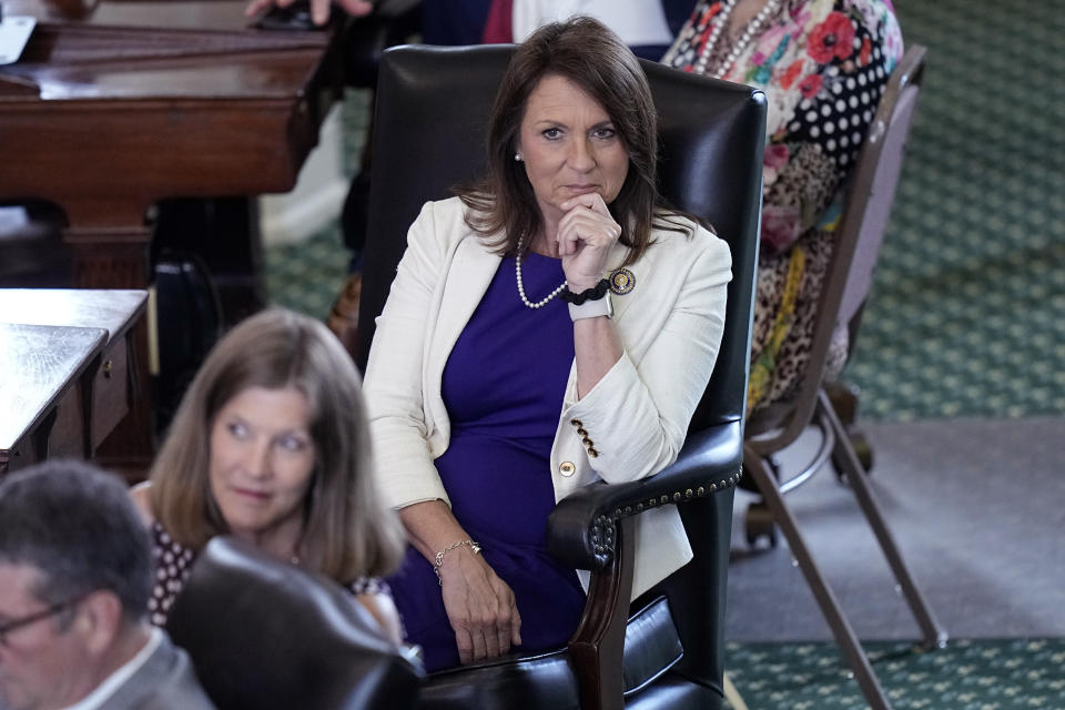 Texas state Sen. Angela Paxton, R-McKinney, wife of impeached state Attorney General Ken Paxton, sits in the Senate Chamber at the Texas Capitol in Austin, Texas, Monday, May 29, 2023. The historic impeachment of Paxton is plunging Republicans into a bruising fight over whether to banish one of their own in America's biggest red state. (AP Photo/Eric Gay)