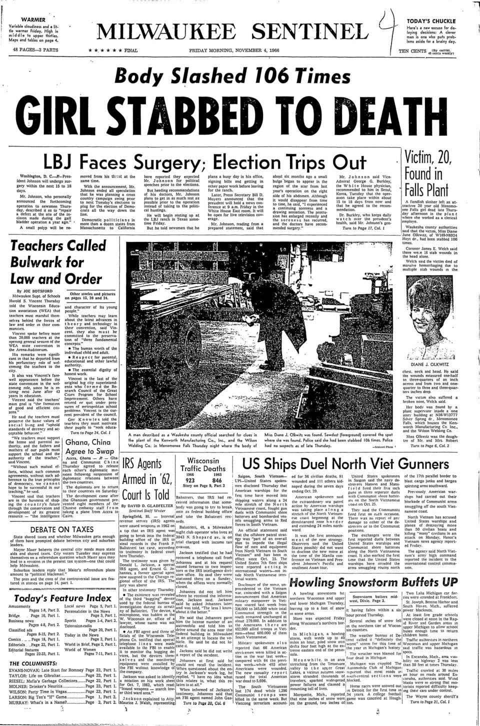 The front page of the Milwaukee Sentinel from Nov. 4, 1966, reporting on the murder of Diane Olkwitz.