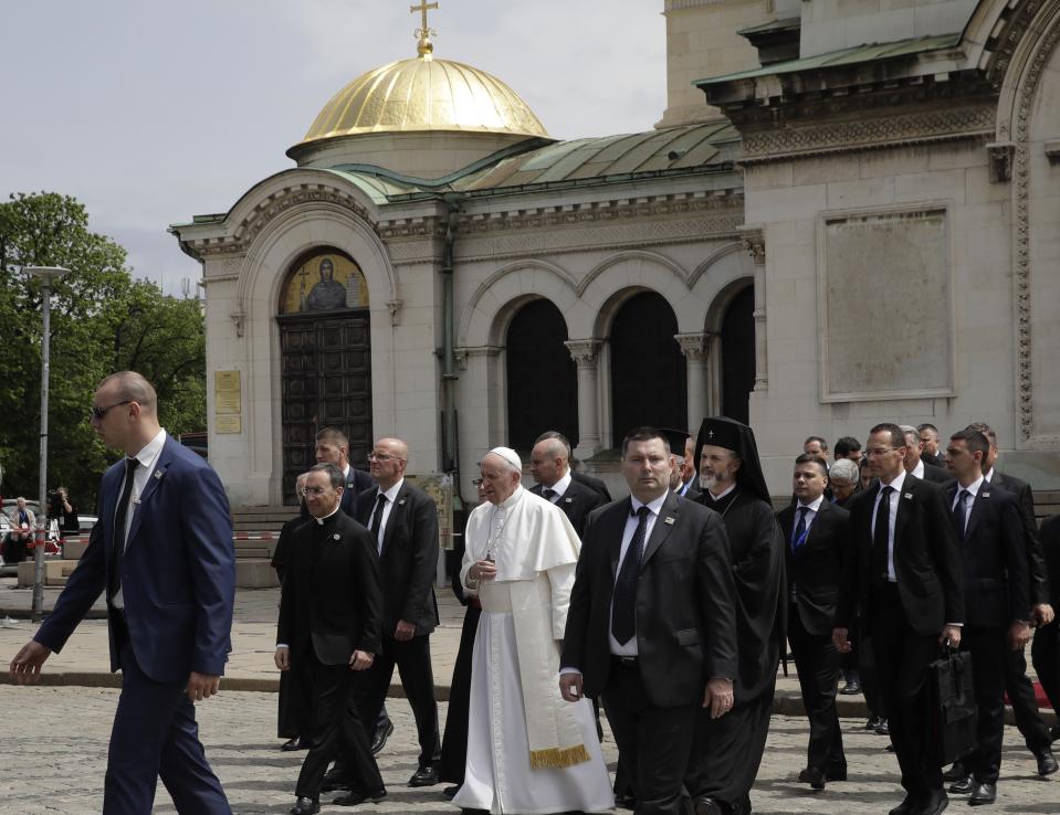 Pope Francis walks out the Cathedral of Saint Alexander Nevsky in Sofia, Bulgaria, Sunday, May 5, 2019. Pope Francis is visiting Bulgaria, the European Union's poorest country and one that taken a hard line against migrants, a stance that conflicts with the pontiff's view that reaching out to vulnerable people is a moral imperative. (AP Photo/ Alessandra Tarantino)