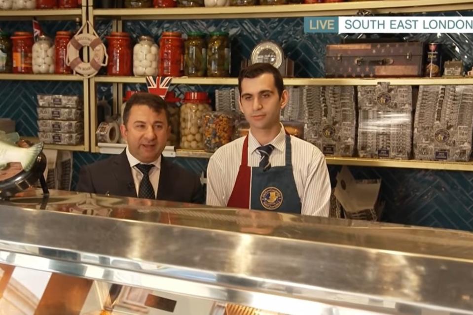 Left: Recep Turhan, with his son Cagri Turhan, at his Jack the Chipper business in Greenwich (ITV)