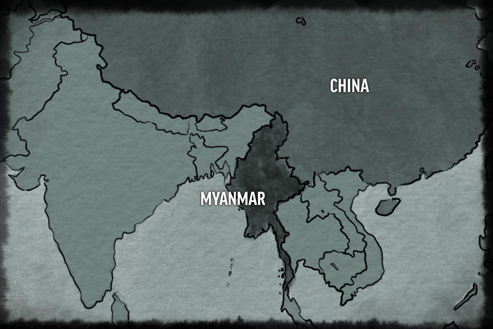 A map depicting Myanmar’s location next to China. (AP Illustration/Peter Hamlin)