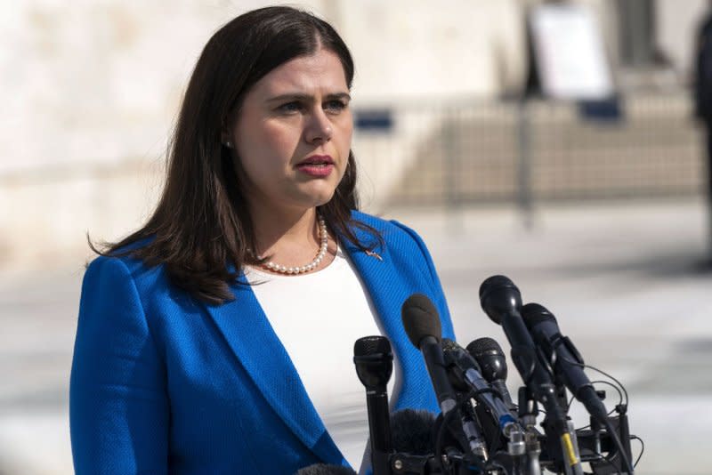 Colorado Secretary of State Jena Griswold speaks to the media outside the U.S. Supreme Court in Washington on Thursday. Photo by Bonnie Cash/UPI