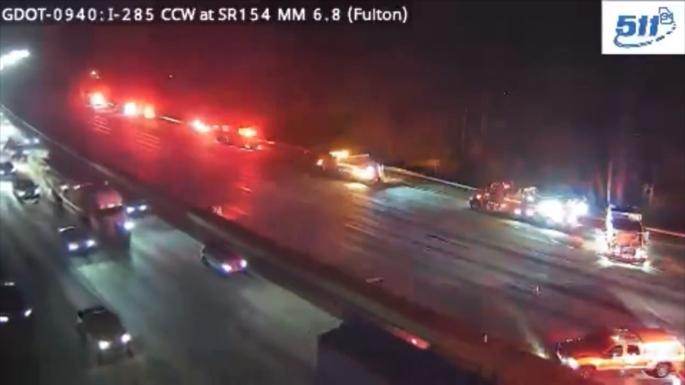 A screengrab of a sulfuric acid spill around 5:00 p.m. on Thursday, Dec. 7, 2023 on I-285 in Atlanta.