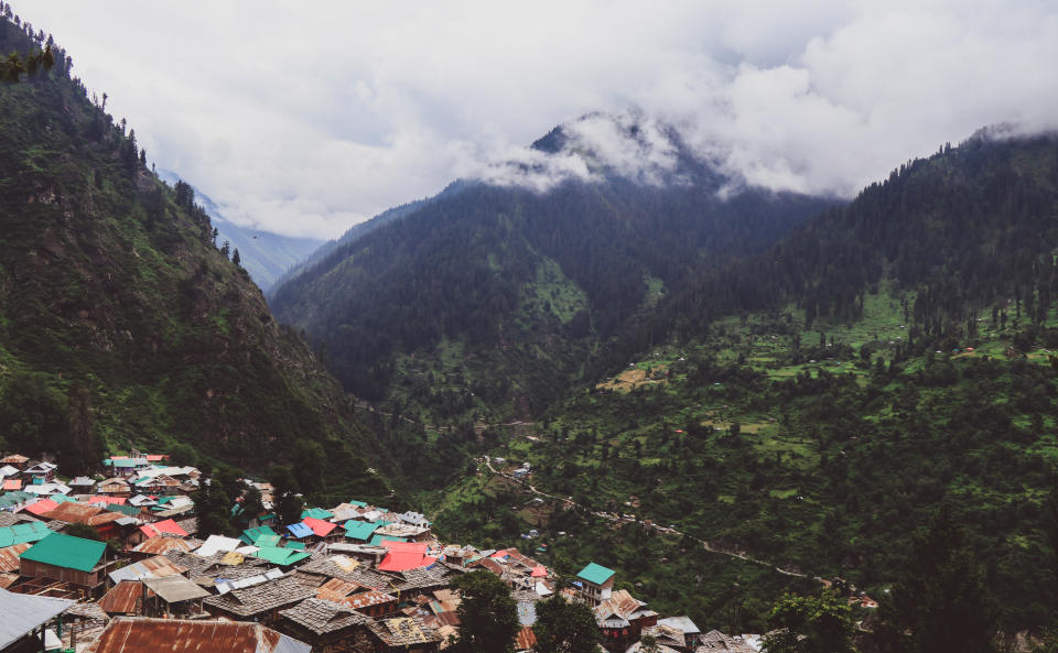 Ariel view of and from the mountain village of Malana, India. The place lushes with greenery in the summers, but as it is at 10000 ft, conical rooftops are made to stand the snowfalls of the winter. Its famous for its Quality Hashish, 5K